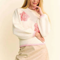 Davi & Dani Flower Patch Fuzzy Mock Neck Sweater-Sweaters-Trendsi-Ivory-S-[option4]-[option5]-[option6]-[option7]-[option8]-Shop-Boutique-Clothing-for-Women-Online