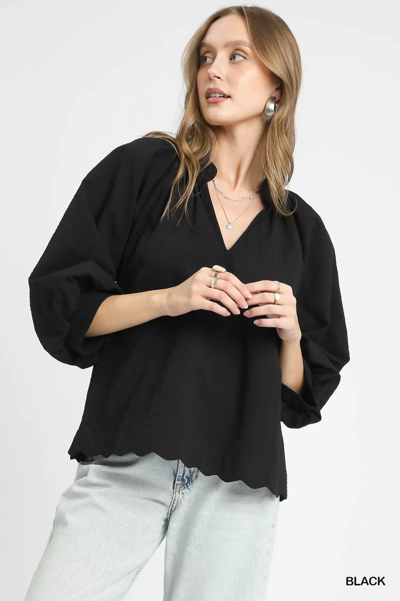 Umgee Full Size Textured Notched Balloon Sleeve Blouse-Blouses-Trendsi-Black-S-[option4]-[option5]-[option6]-[option7]-[option8]-Shop-Boutique-Clothing-for-Women-Online