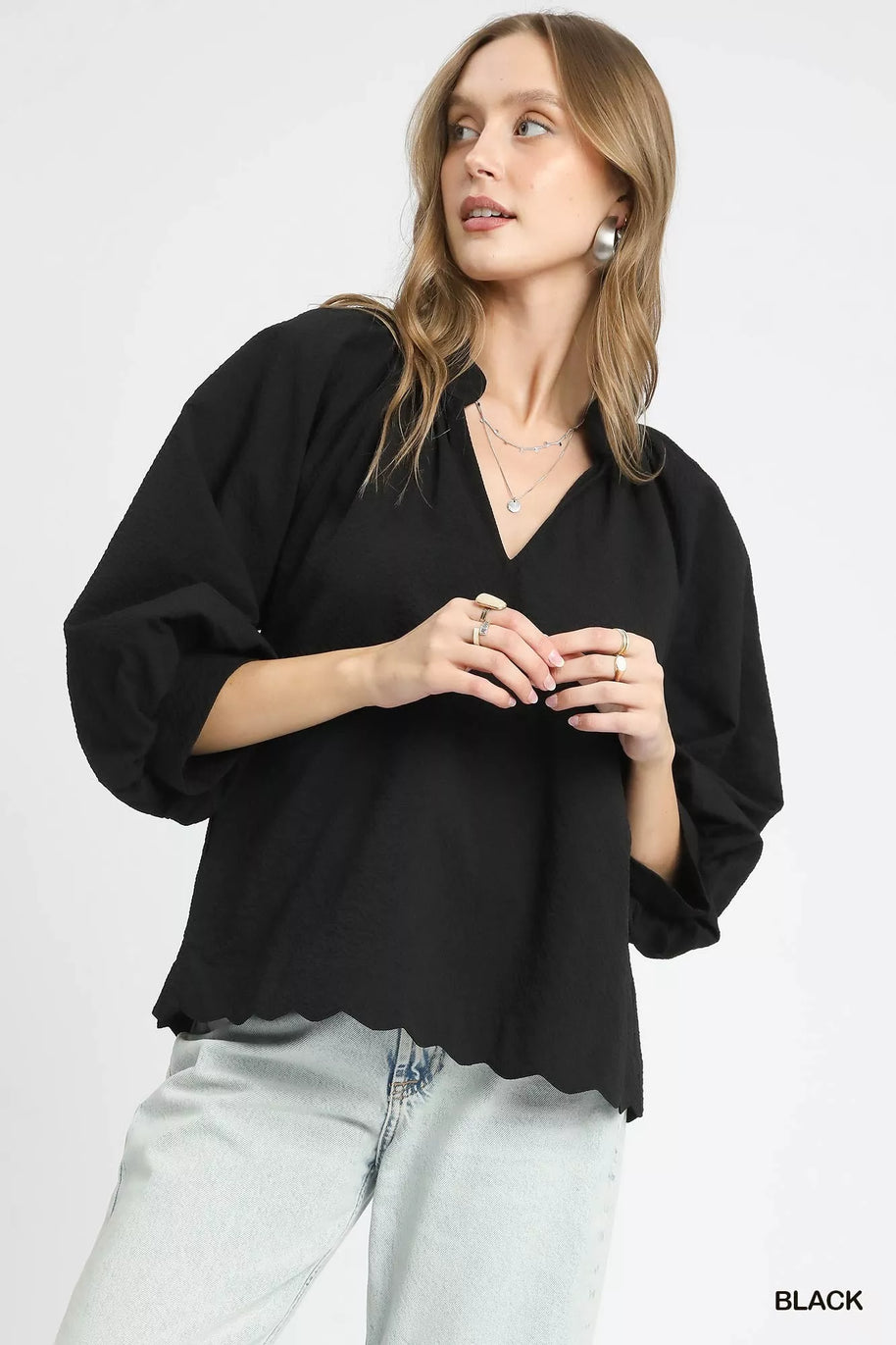 Umgee Full Size Textured Notched Balloon Sleeve Blouse-Blouses-Trendsi-Black-S-[option4]-[option5]-[option6]-[option7]-[option8]-Shop-Boutique-Clothing-for-Women-Online