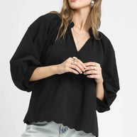 Umgee Full Size Textured Notched Balloon Sleeve Blouse-Blouses-Trendsi-Black-S-[option4]-[option5]-[option6]-[option7]-[option8]-Shop-Boutique-Clothing-for-Women-Online
