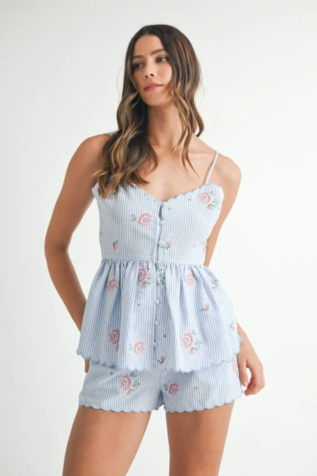 MABLE Stripe Embroidered Peplum Cami and Shorts Set-sets-Trendsi-Blue-S-[option4]-[option5]-[option6]-[option7]-[option8]-Shop-Boutique-Clothing-for-Women-Online