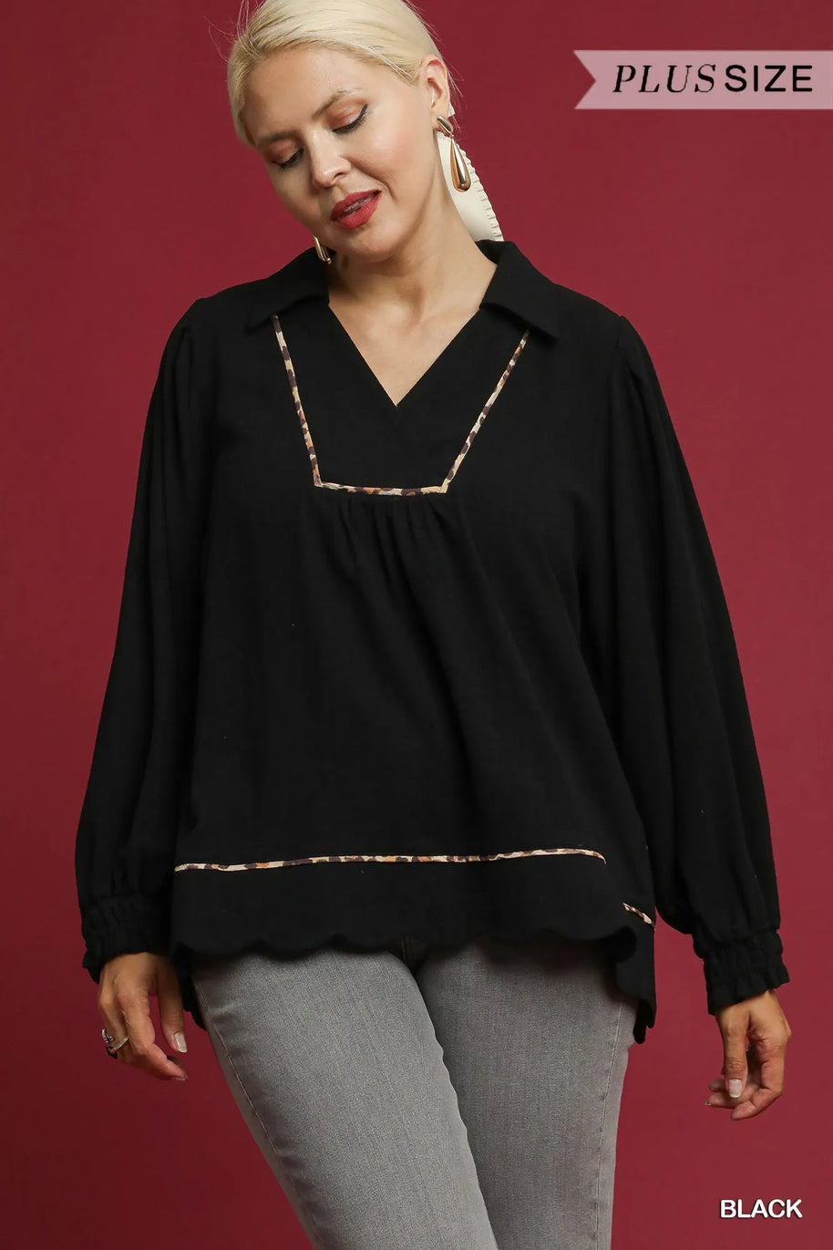 Linen Scallop Hem Blouse with Contrast Trim-Blouses-Trendsi-[option4]-[option5]-[option6]-[option7]-[option8]-Shop-Boutique-Clothing-for-Women-Online