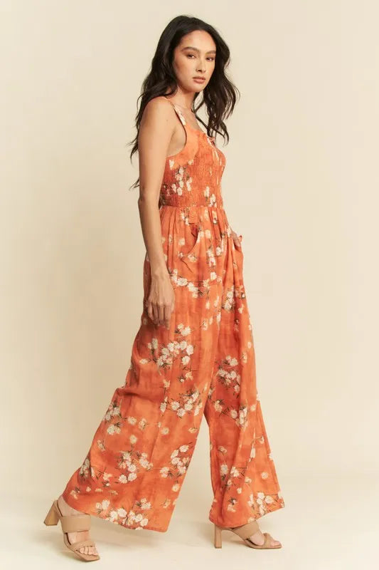 Davi & Dani Floral Ruffle Square Neck Smocking Bodice Jumpsuit-Jumpsuits & Rompers-Trendsi-[option4]-[option5]-[option6]-[option7]-[option8]-Shop-Boutique-Clothing-for-Women-Online