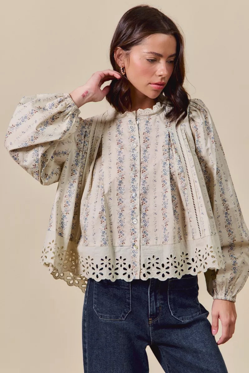 SO ME Floral Print Lace Button Down Shirt-Blouses-Trendsi-[option4]-[option5]-[option6]-[option7]-[option8]-Shop-Boutique-Clothing-for-Women-Online