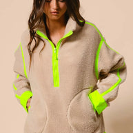 BiBi Contrast Edge Half Zip Up Sherpa Jacket-Jacket-Trendsi-OATMEAL/NEON GREEN-S-[option4]-[option5]-[option6]-[option7]-[option8]-Shop-Boutique-Clothing-for-Women-Online