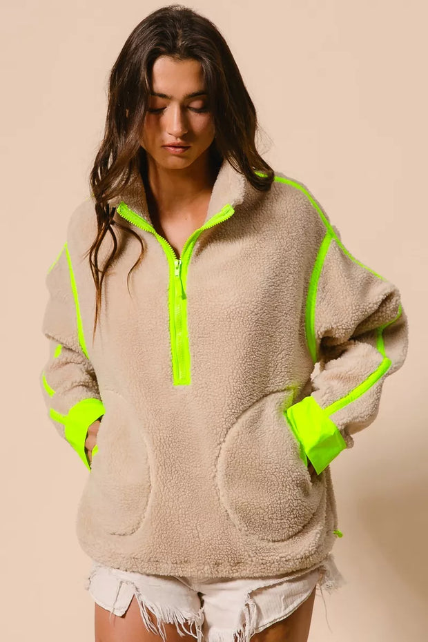 BiBi Contrast Edge Half Zip Up Sherpa Jacket-Jacket-Trendsi-OATMEAL/NEON GREEN-S-[option4]-[option5]-[option6]-[option7]-[option8]-Shop-Boutique-Clothing-for-Women-Online