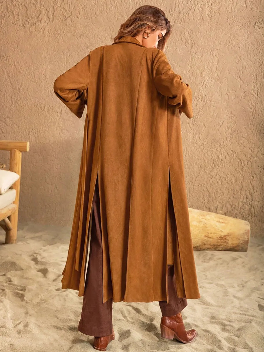 Slit Tied Collared Neck Longline Coat-Coats & Jackets-Trendsi-[option4]-[option5]-[option6]-[option7]-[option8]-Shop-Boutique-Clothing-for-Women-Online