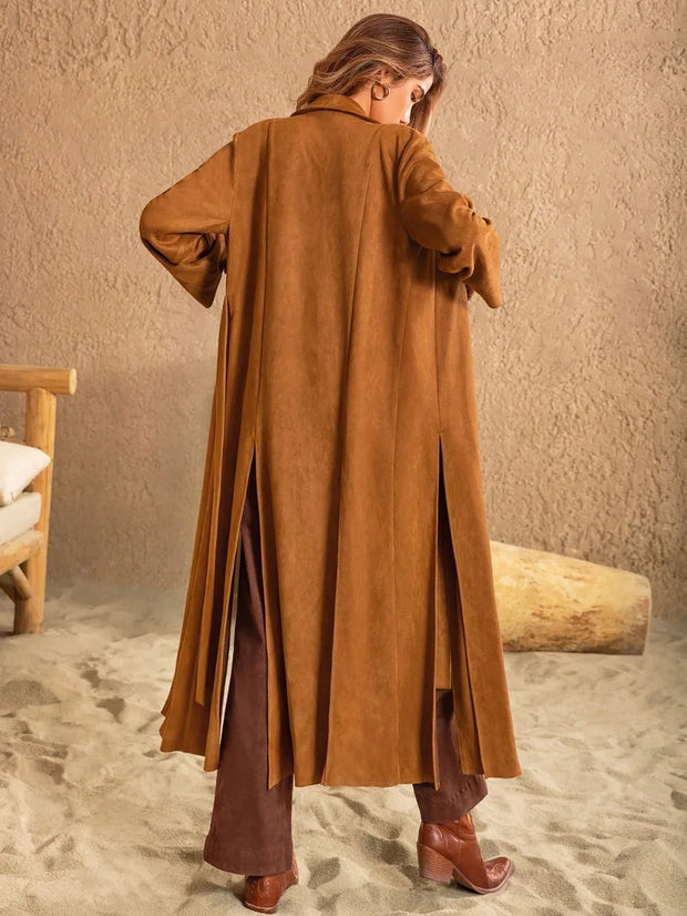Slit Tied Collared Neck Longline Coat-Coats & Jackets-Trendsi-[option4]-[option5]-[option6]-[option7]-[option8]-Shop-Boutique-Clothing-for-Women-Online