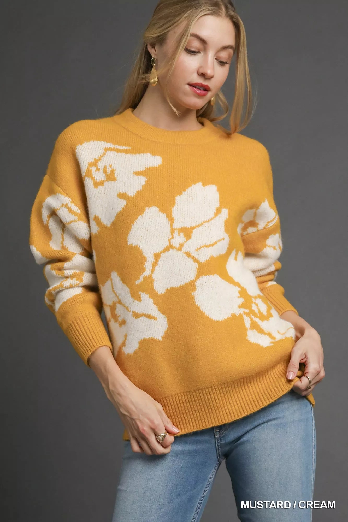Umgee Floral Long Sleeve Sweater-Sweaters-Trendsi-MUSTARD / CREAM-S-[option4]-[option5]-[option6]-[option7]-[option8]-Shop-Boutique-Clothing-for-Women-Online
