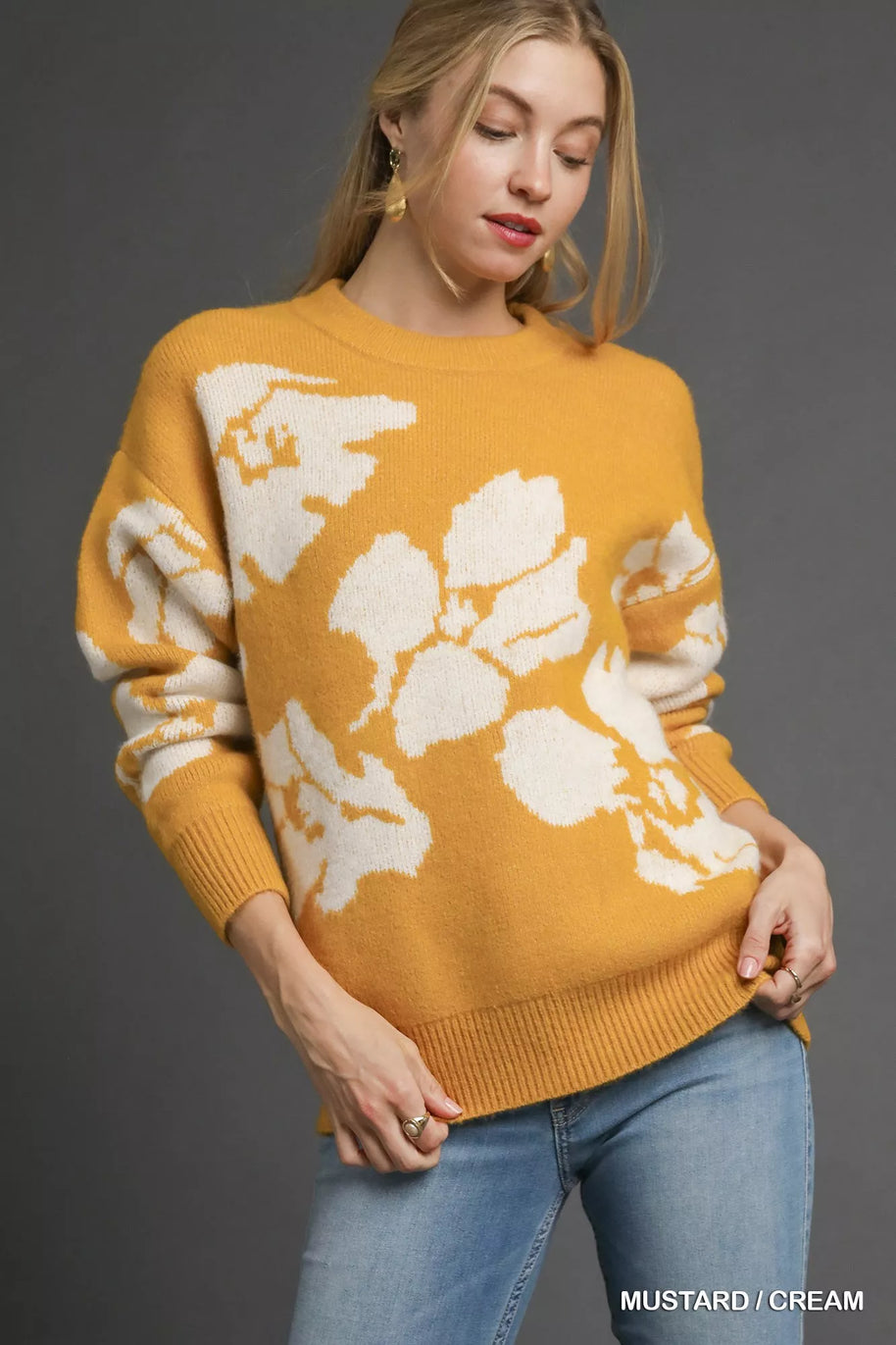 Umgee Floral Long Sleeve Sweater-Sweaters-Trendsi-MUSTARD / CREAM-S-[option4]-[option5]-[option6]-[option7]-[option8]-Shop-Boutique-Clothing-for-Women-Online