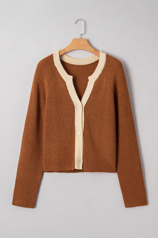 Contrast Trim Buttoned V-Neck Cropped Cardigan-JUNIPER BLVD-Chestnut-S-[option4]-[option5]-[option6]-[option7]-[option8]-Shop-Boutique-Clothing-for-Women-Online