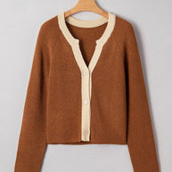Contrast Trim Buttoned V-Neck Cropped Cardigan-JUNIPER BLVD-Chestnut-S-[option4]-[option5]-[option6]-[option7]-[option8]-Shop-Boutique-Clothing-for-Women-Online