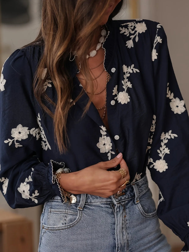 Flower Button Up Long Sleeve Shirt-Tops-Trendsi-Blue-S-[option4]-[option5]-[option6]-[option7]-[option8]-Shop-Boutique-Clothing-for-Women-Online