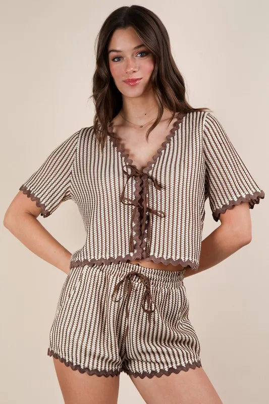 VERY J Wave Trim Detail Knit Top & Shorts Set-Sets-Trendsi-Taupe-S-[option4]-[option5]-[option6]-[option7]-[option8]-Shop-Boutique-Clothing-for-Women-Online