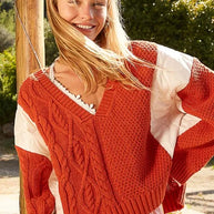 POL Cable Knit Quilting Patch V-Neck Contrast Sweater-Sweaters-Trendsi-Orange-S-[option4]-[option5]-[option6]-[option7]-[option8]-Shop-Boutique-Clothing-for-Women-Online
