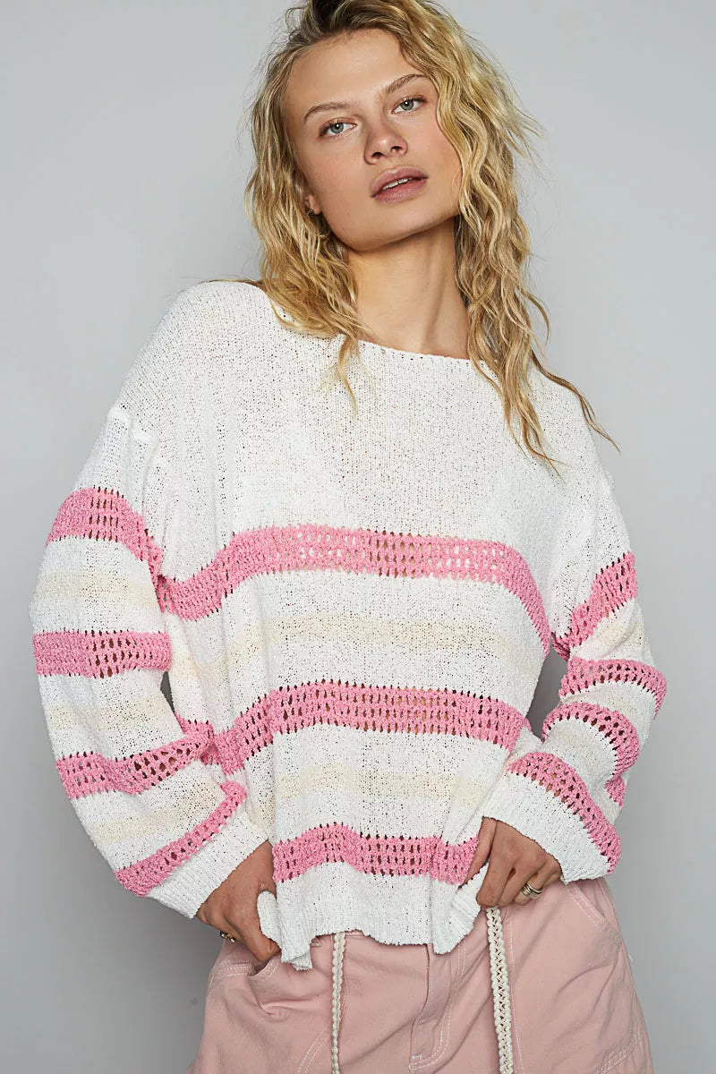 POL Striped Openwork Round Neck Knit Top-knit top-Trendsi-[option4]-[option5]-[option6]-[option7]-[option8]-Shop-Boutique-Clothing-for-Women-Online