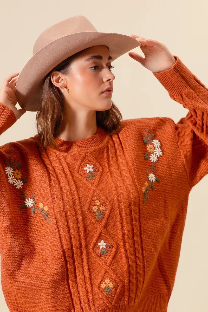 SO ME Embroidered Flower Cable Knitted Sweater-Sweaters-Trendsi-[option4]-[option5]-[option6]-[option7]-[option8]-Shop-Boutique-Clothing-for-Women-Online