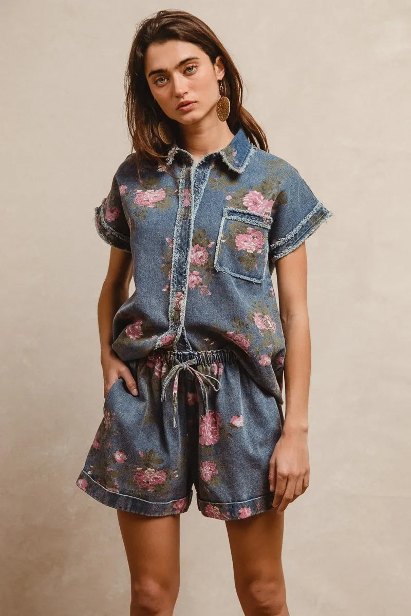 BiBi Floral Printed Denim Short Pants With Pocket-Shorts-Trendsi-[option4]-[option5]-[option6]-[option7]-[option8]-Shop-Boutique-Clothing-for-Women-Online