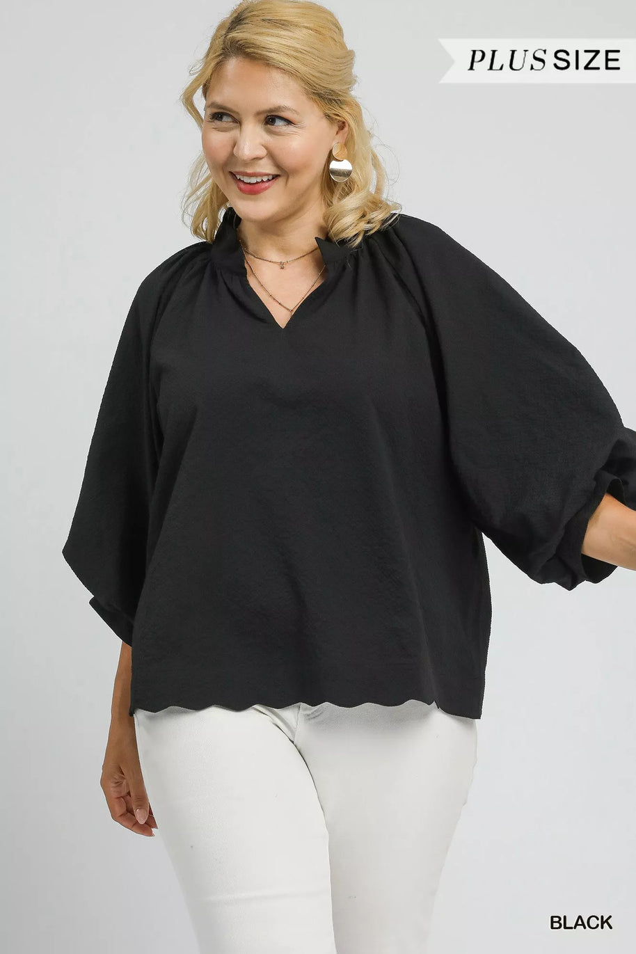 Umgee Full Size Textured Notched Balloon Sleeve Blouse-Blouses-Trendsi-[option4]-[option5]-[option6]-[option7]-[option8]-Shop-Boutique-Clothing-for-Women-Online