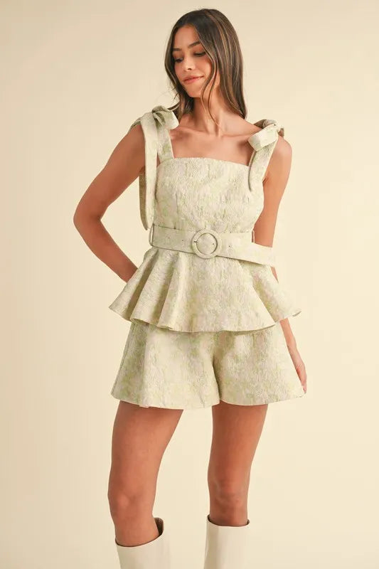 MABLE Jacquard Floral Peplum Top and Flare Shorts Set-Sets-Trendsi-Sage/Blush-S-[option4]-[option5]-[option6]-[option7]-[option8]-Shop-Boutique-Clothing-for-Women-Online