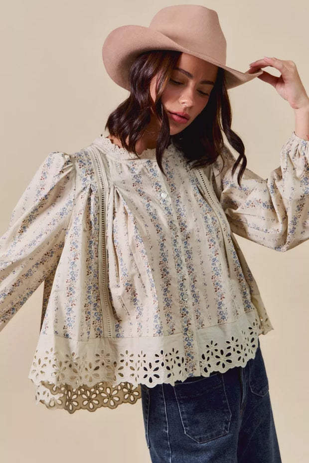 SO ME Floral Print Lace Button Down Shirt-Blouses-Trendsi-[option4]-[option5]-[option6]-[option7]-[option8]-Shop-Boutique-Clothing-for-Women-Online