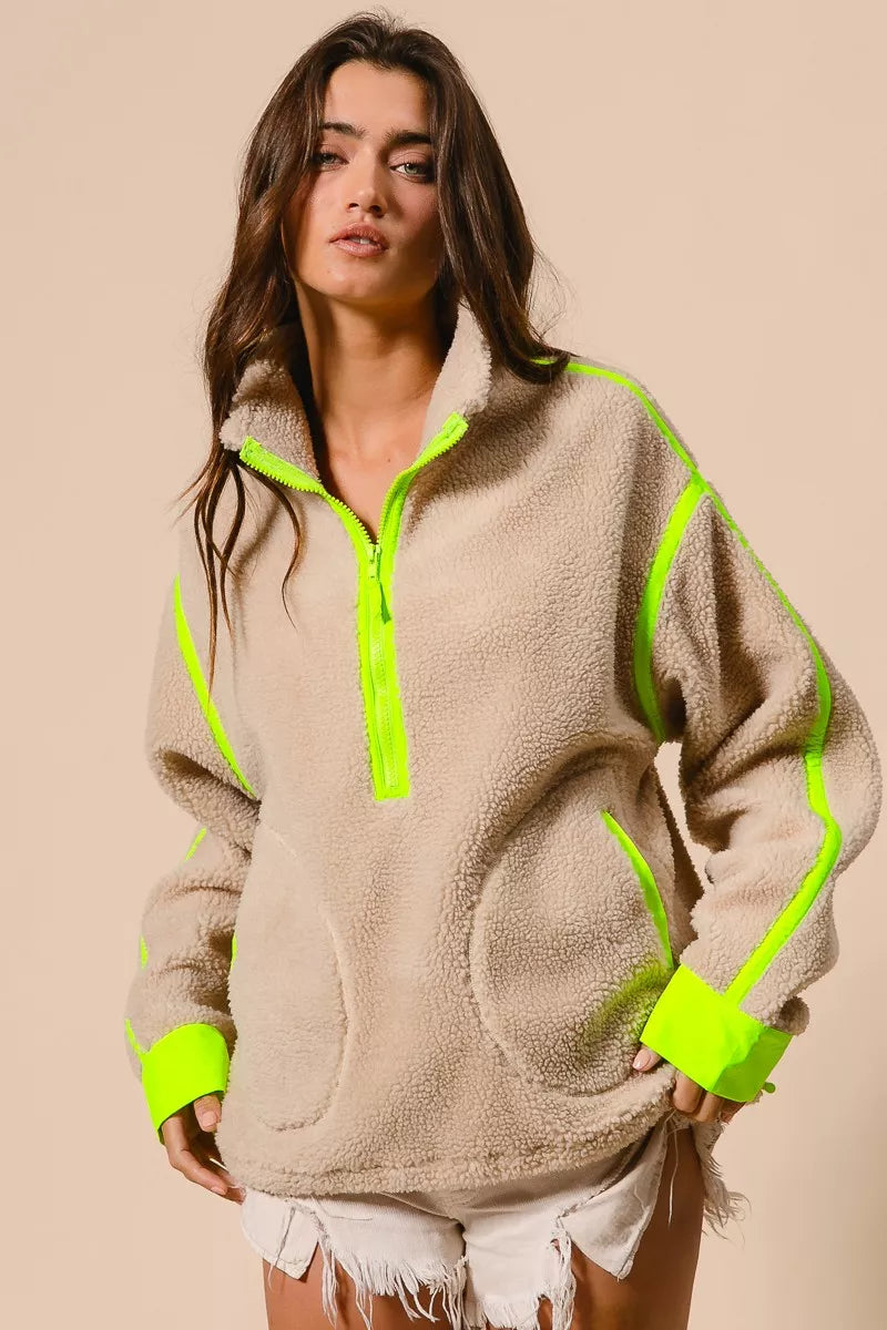 BiBi Contrast Edge Half Zip Up Sherpa Jacket-Jacket-Trendsi-[option4]-[option5]-[option6]-[option7]-[option8]-Shop-Boutique-Clothing-for-Women-Online