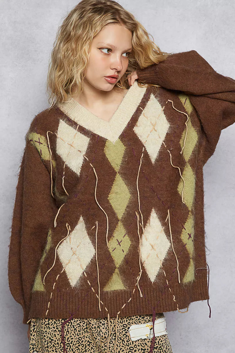 POL V-Neck Argyle Pattern Mohair Sweater with Contrast Exposed Stitch Detail-sweater-Trendsi-[option4]-[option5]-[option6]-[option7]-[option8]-Shop-Boutique-Clothing-for-Women-Online