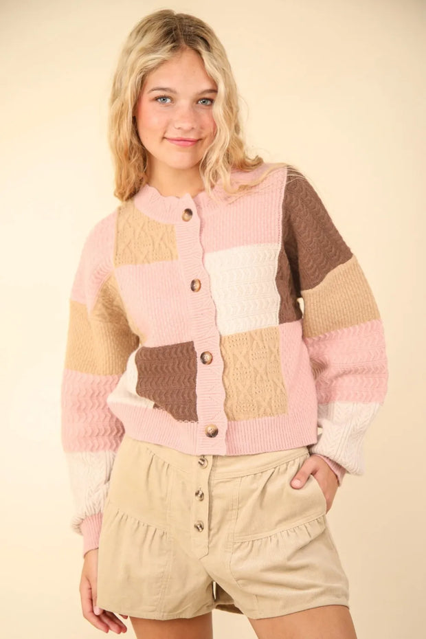 VERY J Color Block Button Down Textured Sweater Cardigan-Cardigan-Trendsi-Blush-S-[option4]-[option5]-[option6]-[option7]-[option8]-Shop-Boutique-Clothing-for-Women-Online