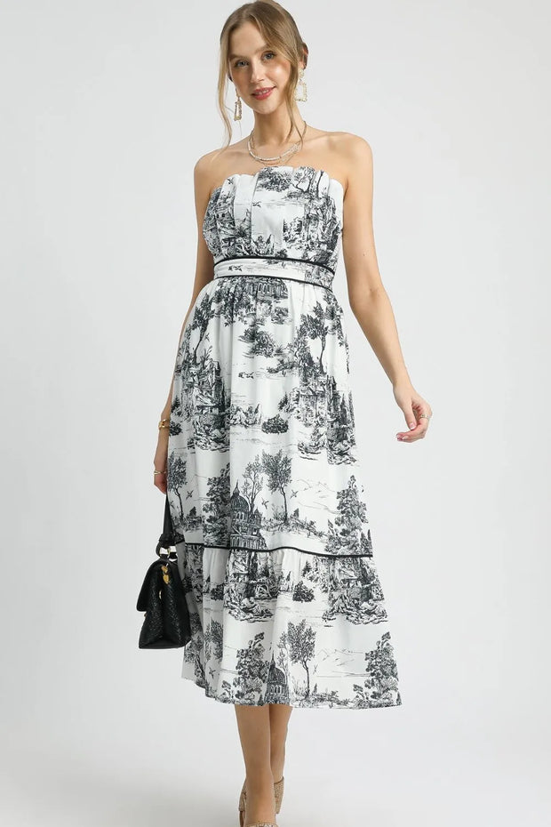 Umgee Printed Tiered Tube Midi Dress-Dresses-Trendsi-Black-S-[option4]-[option5]-[option6]-[option7]-[option8]-Shop-Boutique-Clothing-for-Women-Online