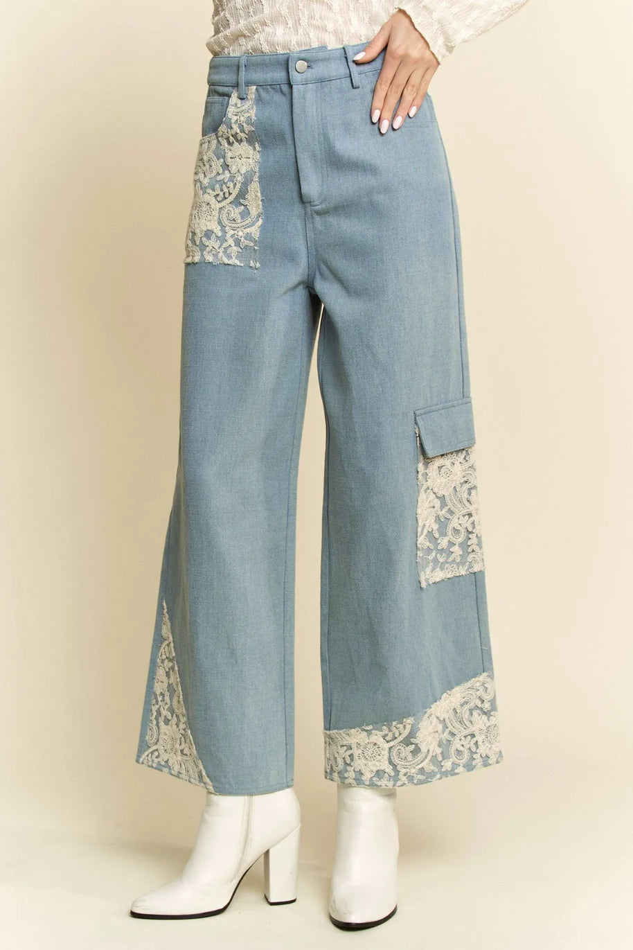 Davi & Dani Lace Applique Wide Leg Jeans-Jeans-Trendsi-[option4]-[option5]-[option6]-[option7]-[option8]-Shop-Boutique-Clothing-for-Women-Online