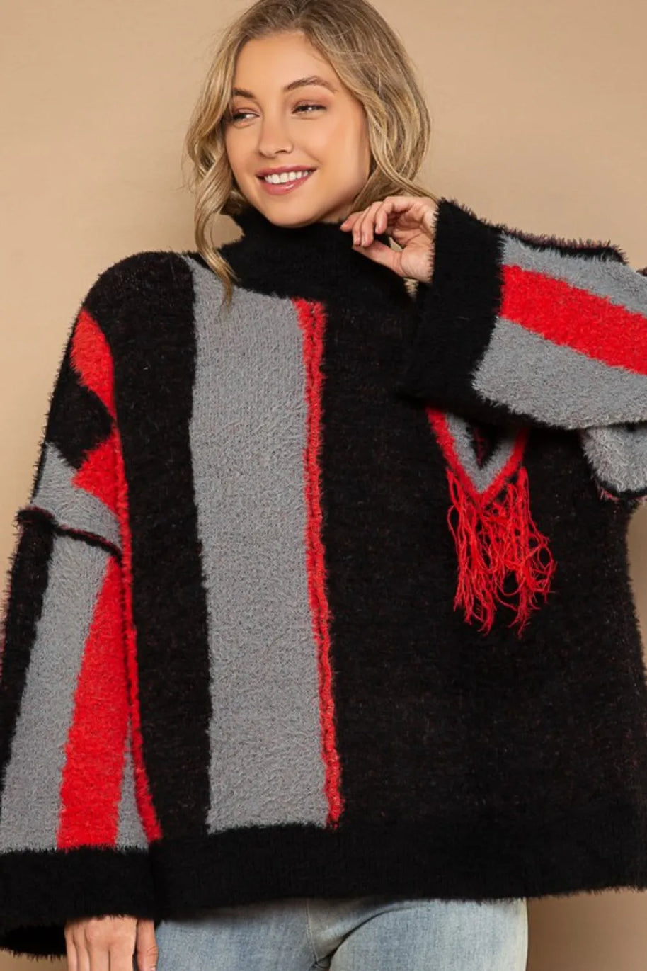 POL Turtleneck Color Block Fringe Detail Sweater-Sweaters-Trendsi-Black/Red Multi-S-[option4]-[option5]-[option6]-[option7]-[option8]-Shop-Boutique-Clothing-for-Women-Online
