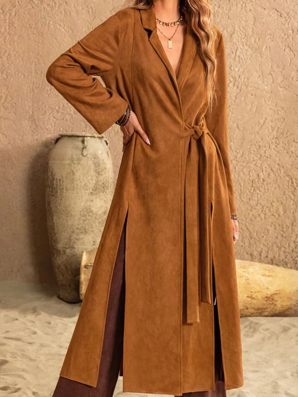Slit Tied Collared Neck Longline Coat-Coats & Jackets-Trendsi-[option4]-[option5]-[option6]-[option7]-[option8]-Shop-Boutique-Clothing-for-Women-Online