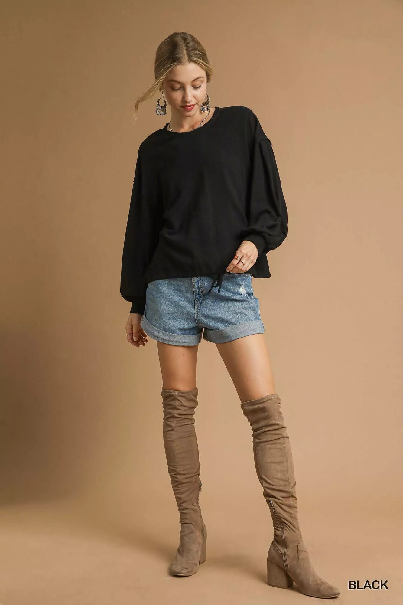 Umgee Full Size Linen Long Sleeve Top with Drawstring-Blouses-Trendsi-[option4]-[option5]-[option6]-[option7]-[option8]-Shop-Boutique-Clothing-for-Women-Online