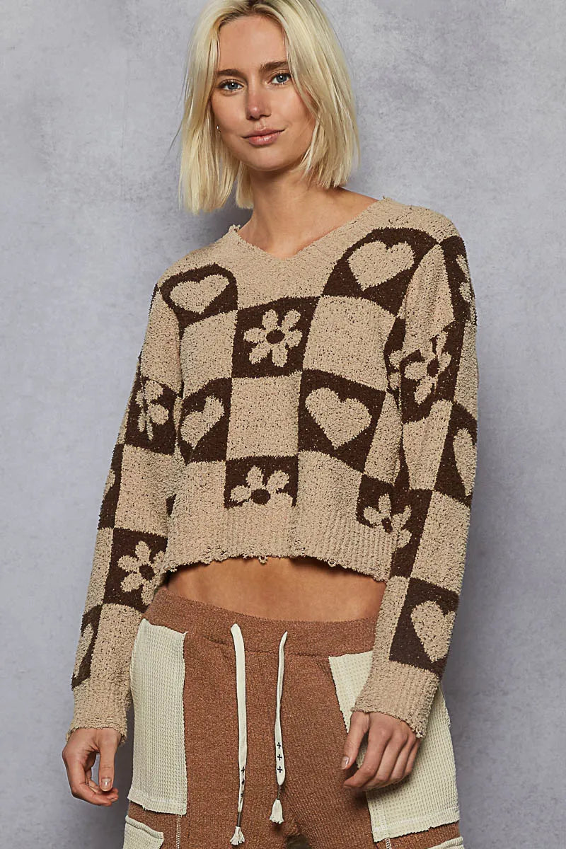 POL V-Neck Heart Pattern Checkered Sweater-Sweaters-Trendsi-MOCHA/BROWN-S-[option4]-[option5]-[option6]-[option7]-[option8]-Shop-Boutique-Clothing-for-Women-Online