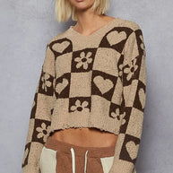POL V-Neck Heart Pattern Checkered Sweater-Sweaters-Trendsi-MOCHA/BROWN-S-[option4]-[option5]-[option6]-[option7]-[option8]-Shop-Boutique-Clothing-for-Women-Online