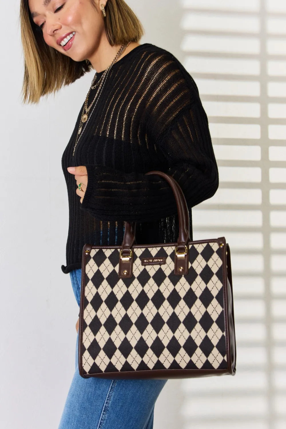 David Jones Argyle Pattern PU Leather Handbag-Bags-Trendsi-[option4]-[option5]-[option6]-[option7]-[option8]-Shop-Boutique-Clothing-for-Women-Online