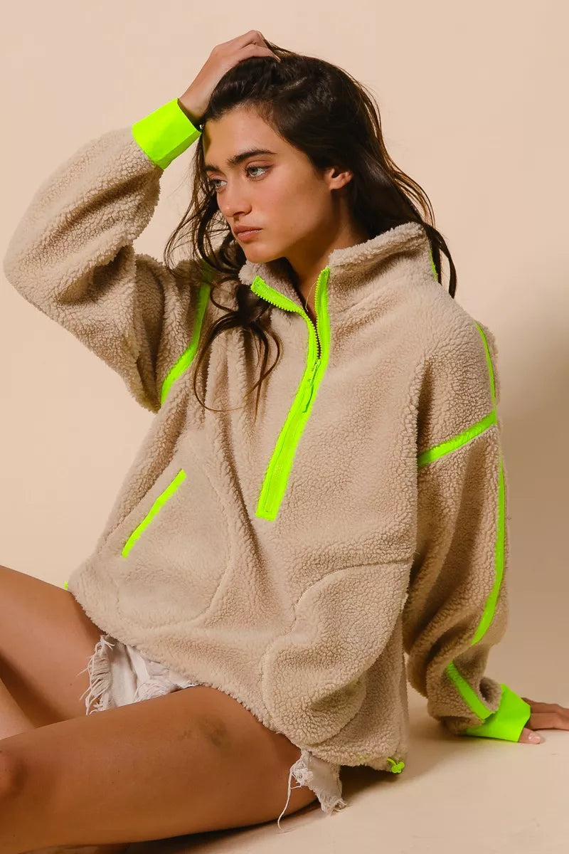 BiBi Contrast Edge Half Zip Up Sherpa Jacket-Jacket-Trendsi-[option4]-[option5]-[option6]-[option7]-[option8]-Shop-Boutique-Clothing-for-Women-Online