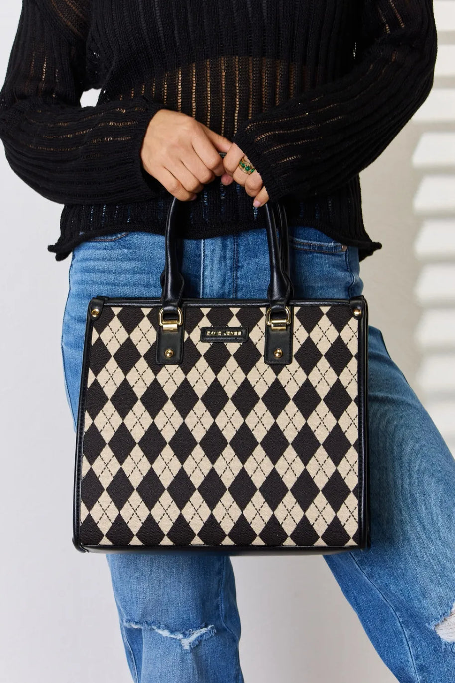 David Jones Argyle Pattern PU Leather Handbag-Bags-Trendsi-Black-One Size-[option4]-[option5]-[option6]-[option7]-[option8]-Shop-Boutique-Clothing-for-Women-Online