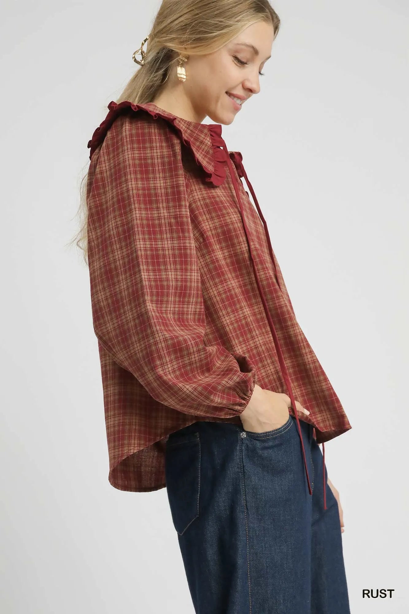 Umgee Full Size Plaid Ruffle Collar Blouse-Blouses-Trendsi-[option4]-[option5]-[option6]-[option7]-[option8]-Shop-Boutique-Clothing-for-Women-Online