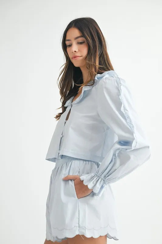 MABLE Long Sleeve Scallop Blouse and Shorts Set-Two Piece Shorts Sets-Trendsi-[option4]-[option5]-[option6]-[option7]-[option8]-Shop-Boutique-Clothing-for-Women-Online