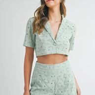 MABLE Eyelet Short Sleeve Crop Top and Shorts Set-Sets-Trendsi-Mint-S-[option4]-[option5]-[option6]-[option7]-[option8]-Shop-Boutique-Clothing-for-Women-Online