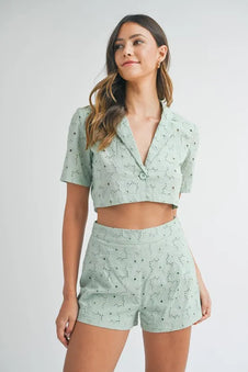 MABLE Eyelet Short Sleeve Crop Top and Shorts Set-Sets-Trendsi-Mint-S-[option4]-[option5]-[option6]-[option7]-[option8]-Shop-Boutique-Clothing-for-Women-Online