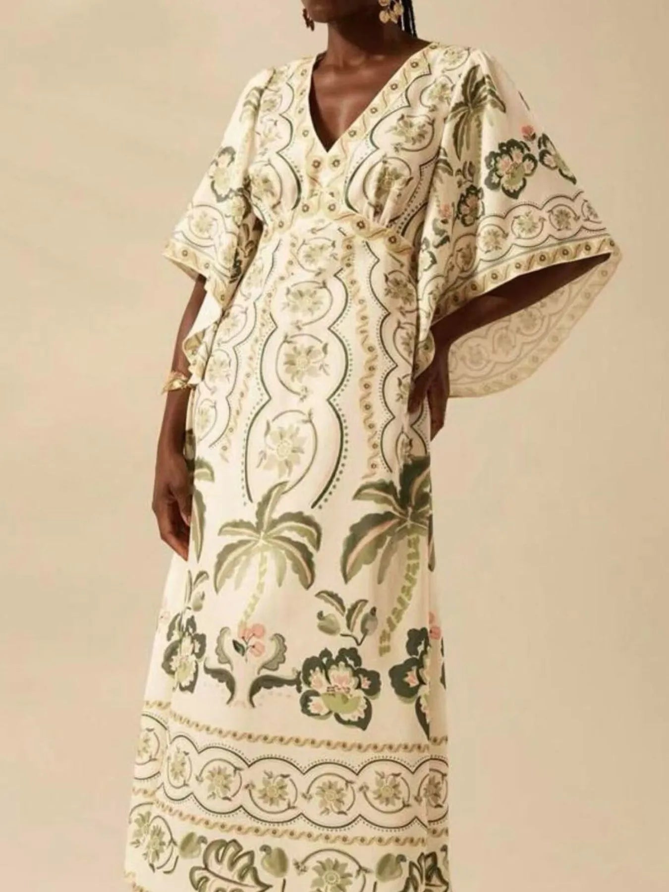 Palm Print V-Neck Midi Dress-Dresses-Trendsi-Beige-XS-[option4]-[option5]-[option6]-[option7]-[option8]-Shop-Boutique-Clothing-for-Women-Online