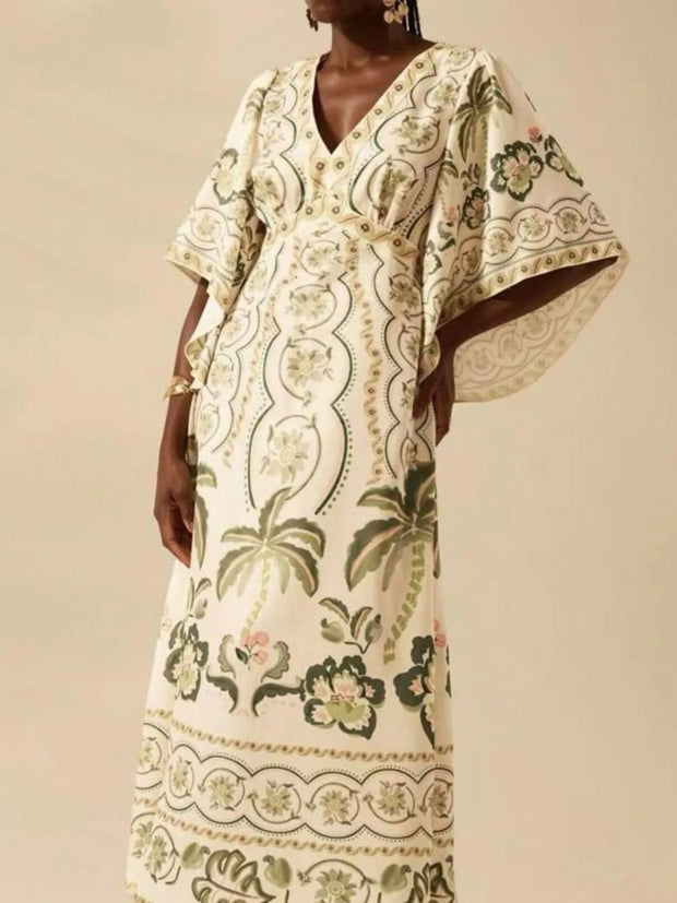 Palm Print V-Neck Midi Dress-Dresses-Trendsi-Beige-XS-[option4]-[option5]-[option6]-[option7]-[option8]-Shop-Boutique-Clothing-for-Women-Online