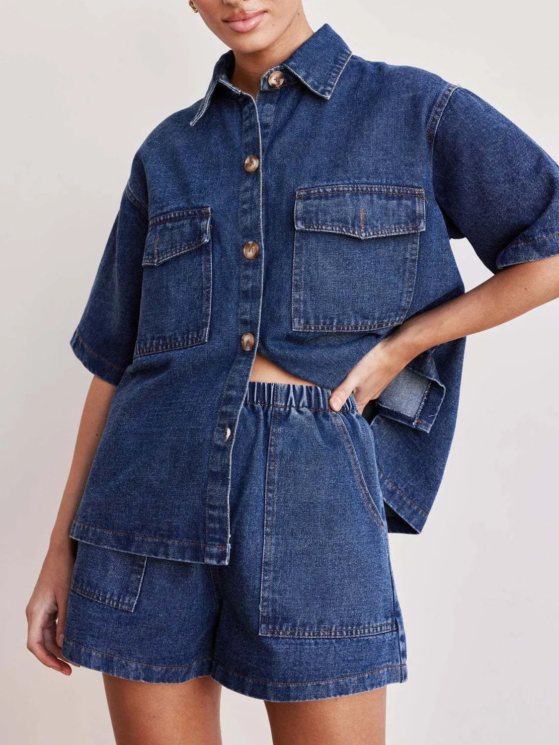 Button Up Short Sleeve Top and Shorts Denim Set-Sets-Trendsi-Medium-S-[option4]-[option5]-[option6]-[option7]-[option8]-Shop-Boutique-Clothing-for-Women-Online