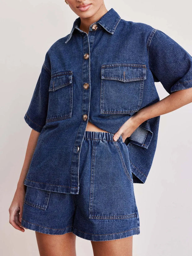 Button Up Short Sleeve Top and Shorts Denim Set-Sets-Trendsi-Medium-S-[option4]-[option5]-[option6]-[option7]-[option8]-Shop-Boutique-Clothing-for-Women-Online