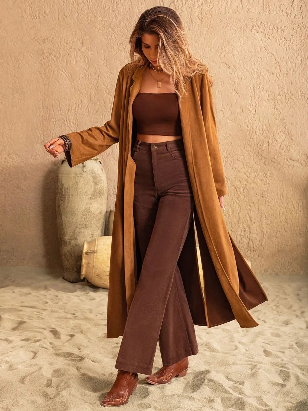 Slit Tied Collared Neck Longline Coat-Coats & Jackets-Trendsi-[option4]-[option5]-[option6]-[option7]-[option8]-Shop-Boutique-Clothing-for-Women-Online