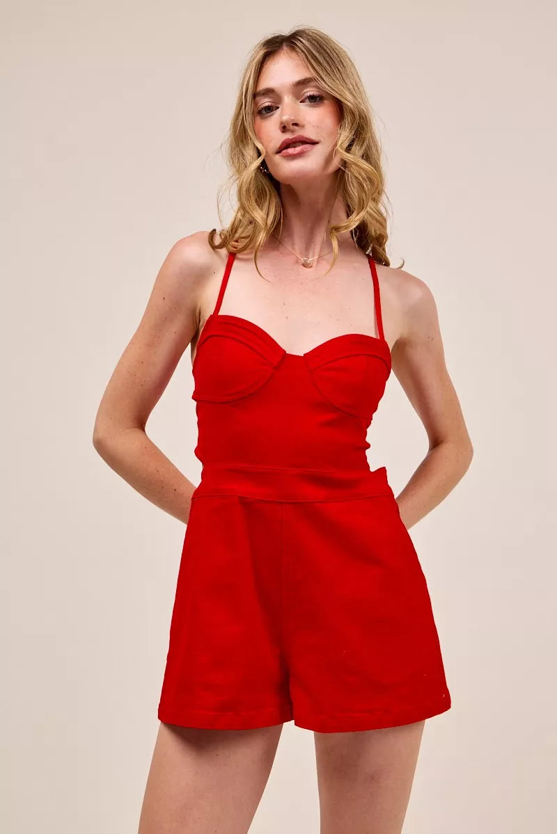 SO ME Fitted Open Back Game Day Romper with Lace Up Deta-Jumpsuits & Rompers-Trendsi-RED-S-[option4]-[option5]-[option6]-[option7]-[option8]-Shop-Boutique-Clothing-for-Women-Online