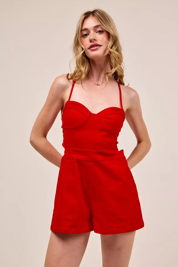 SO ME Fitted Open Back Game Day Romper with Lace Up Deta-Jumpsuits & Rompers-Trendsi-RED-S-[option4]-[option5]-[option6]-[option7]-[option8]-Shop-Boutique-Clothing-for-Women-Online