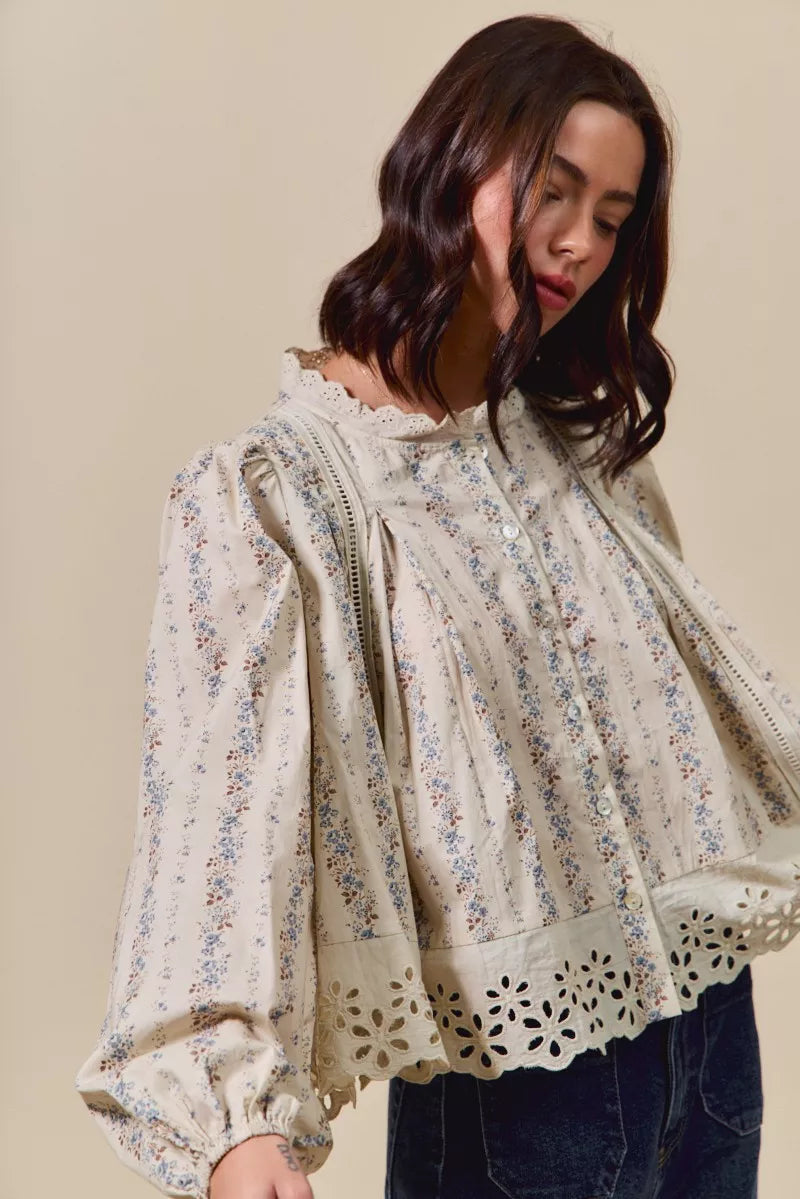 SO ME Floral Print Lace Button Down Shirt-Blouses-Trendsi-[option4]-[option5]-[option6]-[option7]-[option8]-Shop-Boutique-Clothing-for-Women-Online